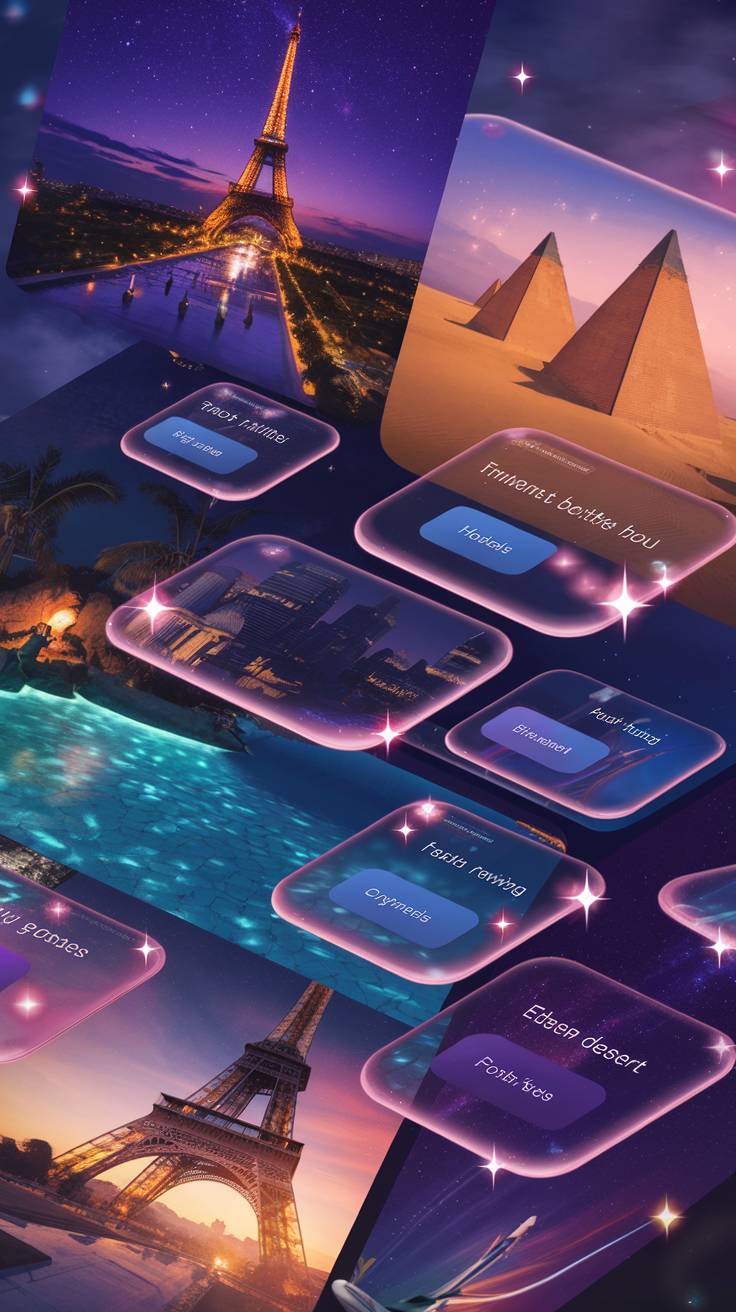 A captivating travel booking website design showcasing a sunrise over snow-capped mountains, a tropical beach with crystal-clear waters, and a glowing ancient cityscape, featuring sleek booking options with pastel gradients and magical elements like sparkling stars and gentle waves.