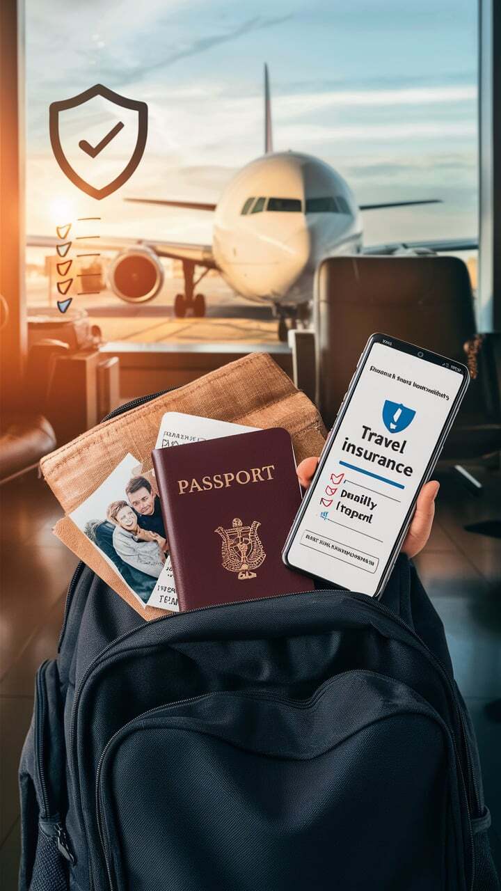 Customer purchasing travel insurance online, reviewing policy options and coverage details on a laptop