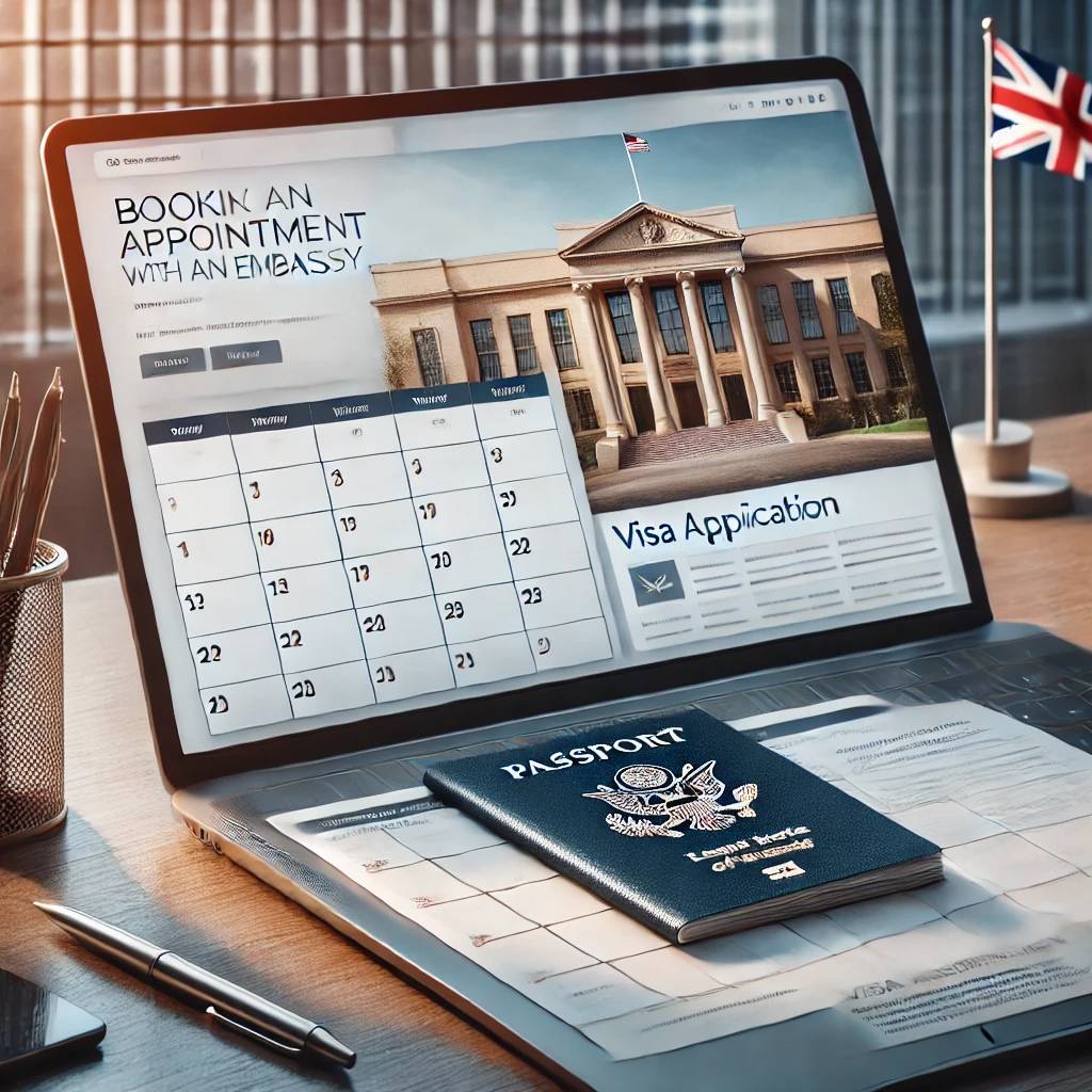 Process of booking an embassy appointment with a digital calendar, passport, and embassy building in the background.
