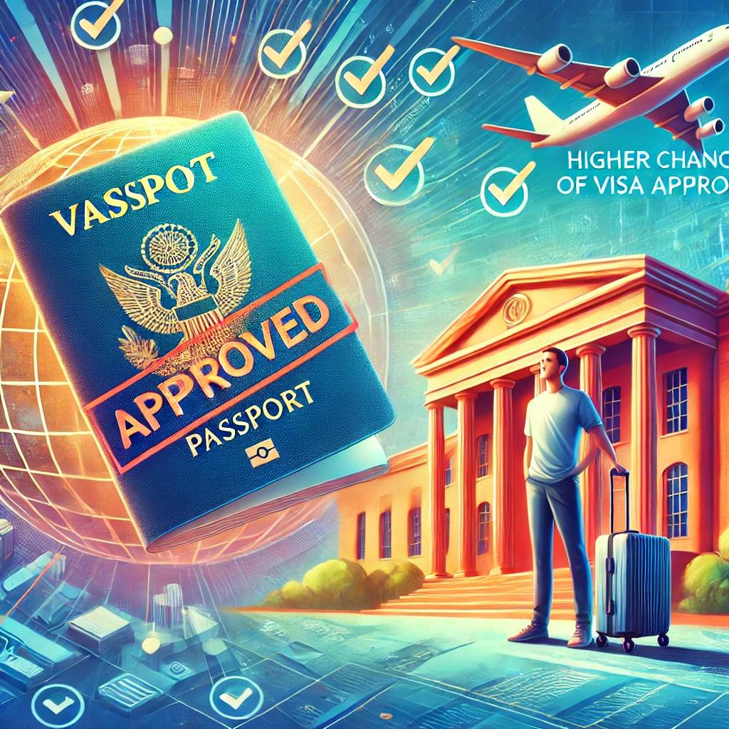 Representation of higher visa approval chances with an approved visa stamp, confident traveler, and global travel map.