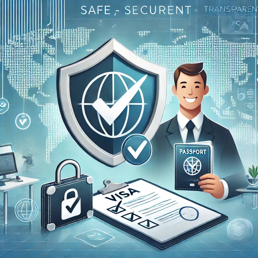 Secure and transparent visa process with a shield, checklist, and traveler holding a passport.