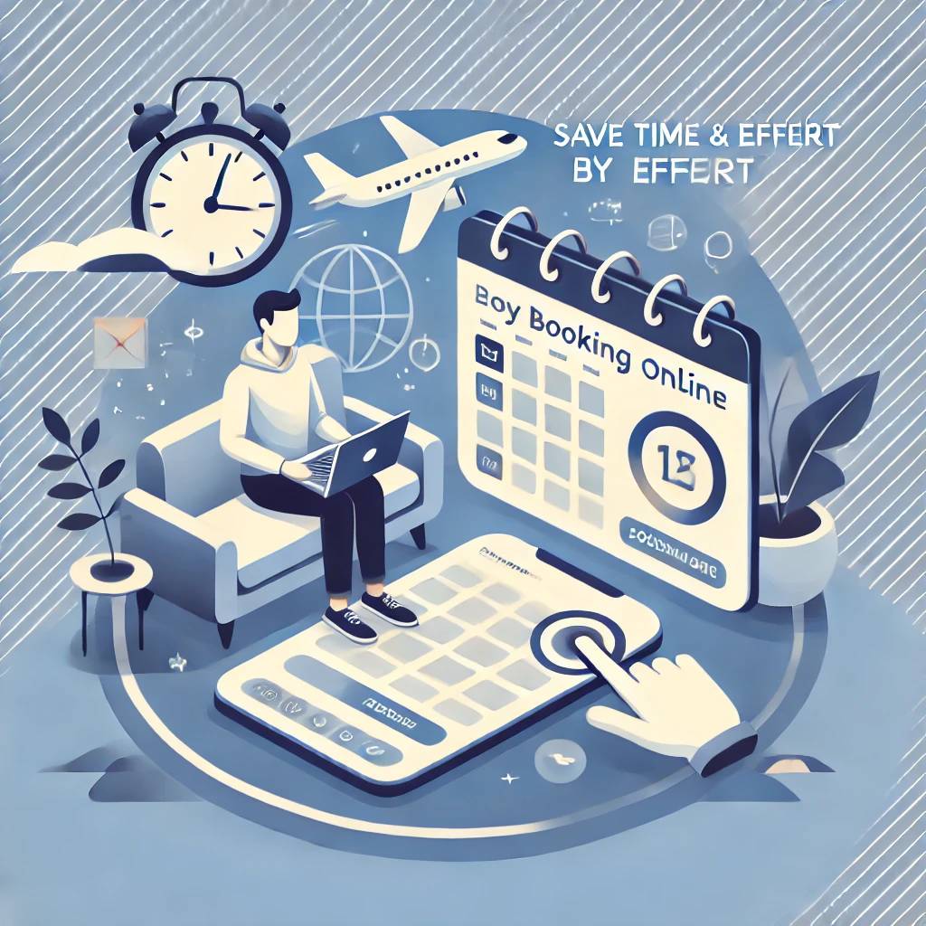 Ease of online booking with a person using a laptop, digital clock, calendar, and travel-related symbols.