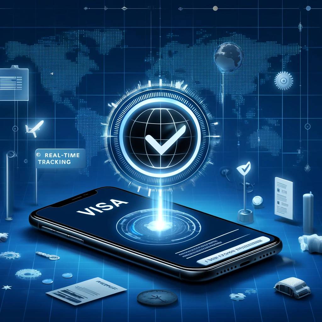 Real-time visa tracking with a smartphone showing notifications, a progress bar, and a world map representing global connectivity.